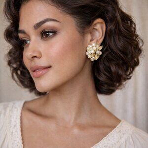 Mid-Century Floral Pearl Cluster Clip Earrings